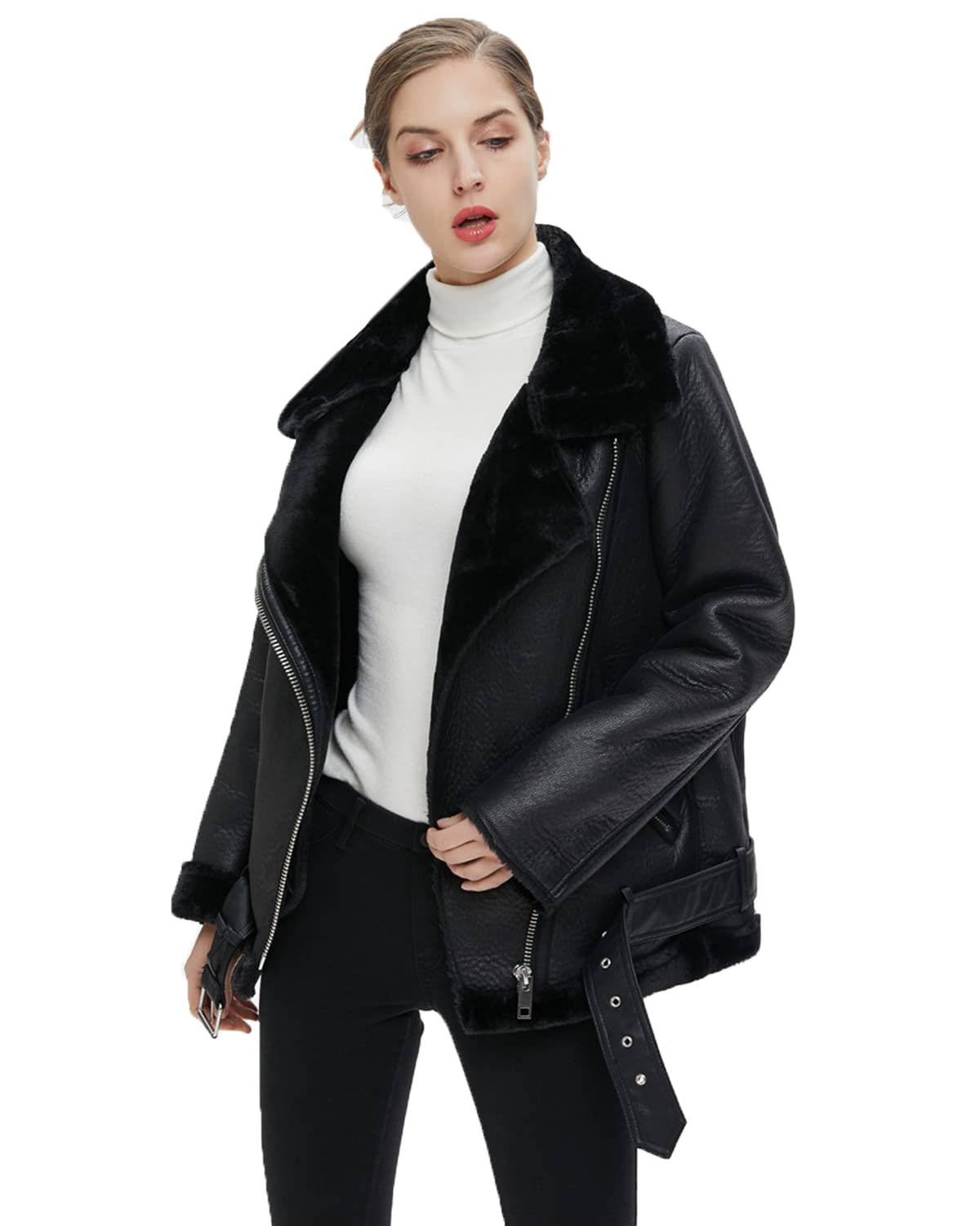 LY VAREY LIN Women's Faux Shearing Moto Jacket Thick Lined Parka Winter Shearling Coat Leather Jacket (L. Black)