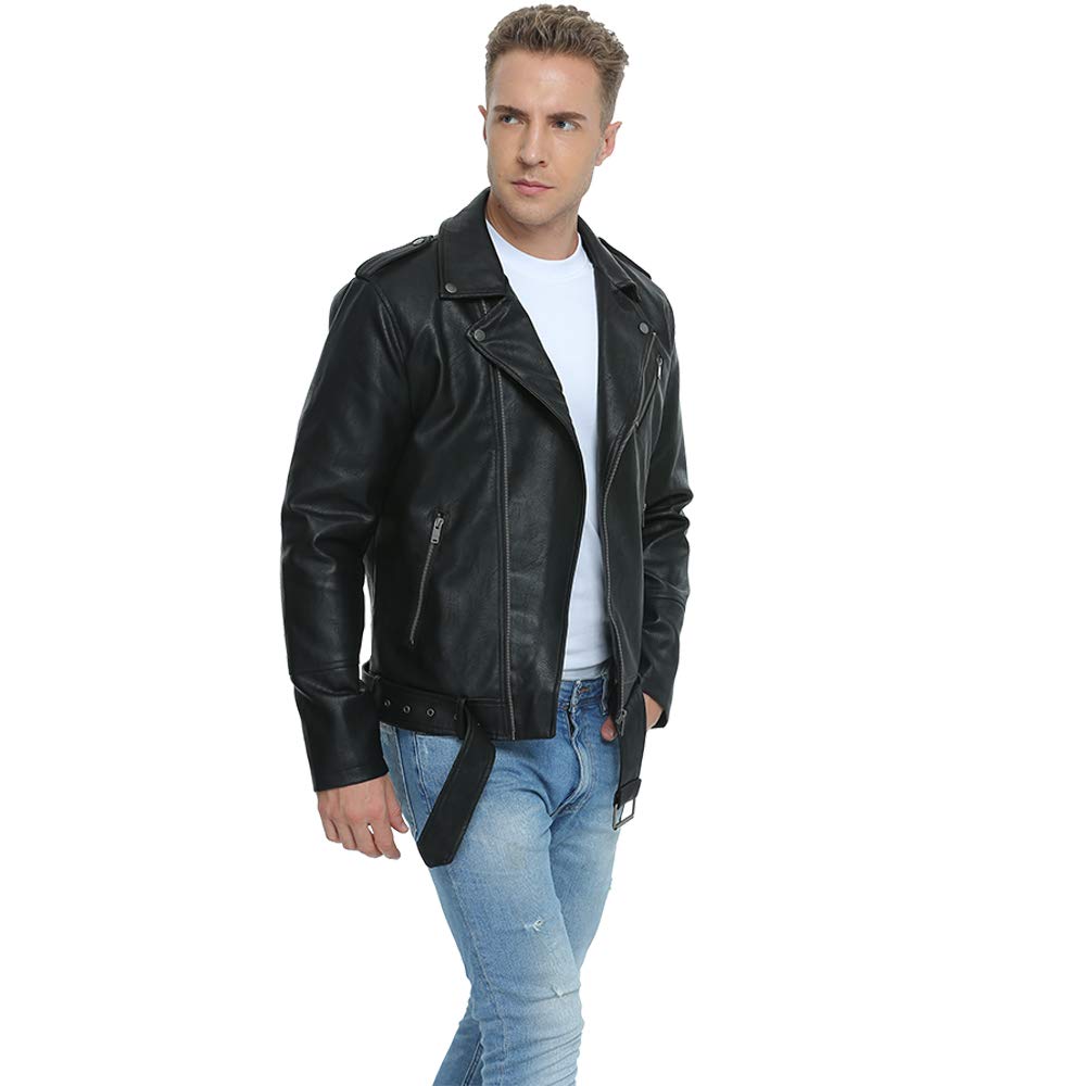 Fahsyee Leather Jackets for Men. Faux Bomber Jacket Mens Motorcycle Lapel Asymmetric Zip-Up Belt Slim Fit Biker Coat Black XXL