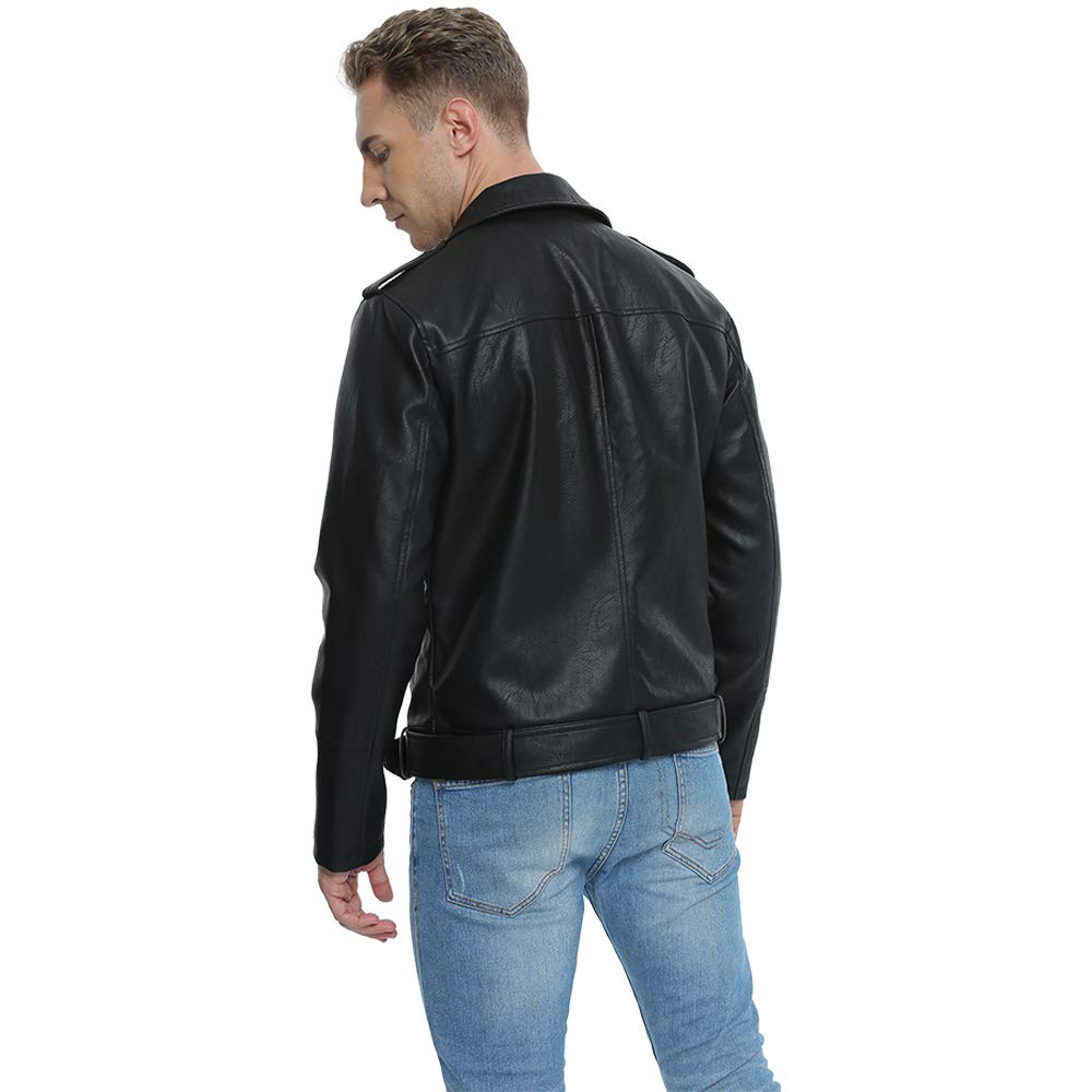 Fahsyee Leather Jackets for Men. Faux Bomber Jacket Mens Motorcycle Lapel Asymmetric Zip-Up Belt Slim Fit Biker Coat Black XXL