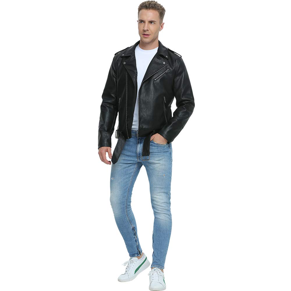 Fahsyee Leather Jackets for Men. Faux Bomber Jacket Mens Motorcycle Lapel Asymmetric Zip-Up Belt Slim Fit Biker Coat Black XXL
