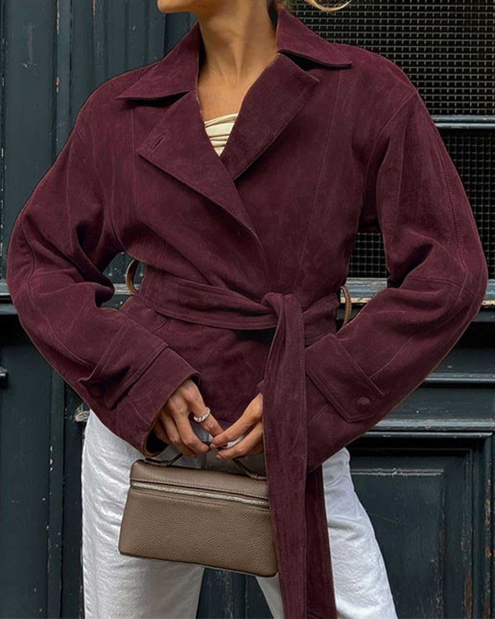 CHARTOU Faux Suede Leather Jacket 2025 Vintage Casual Cropped Wrap Coat with Belt (Large.Burgundy)