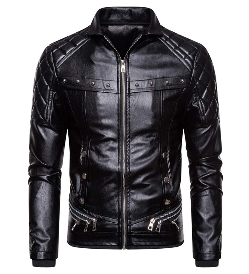 chouyatou Men's Removable Fur Collar Sherpa Lined Steampunk Faux Leather Jacket (Medium. Black)