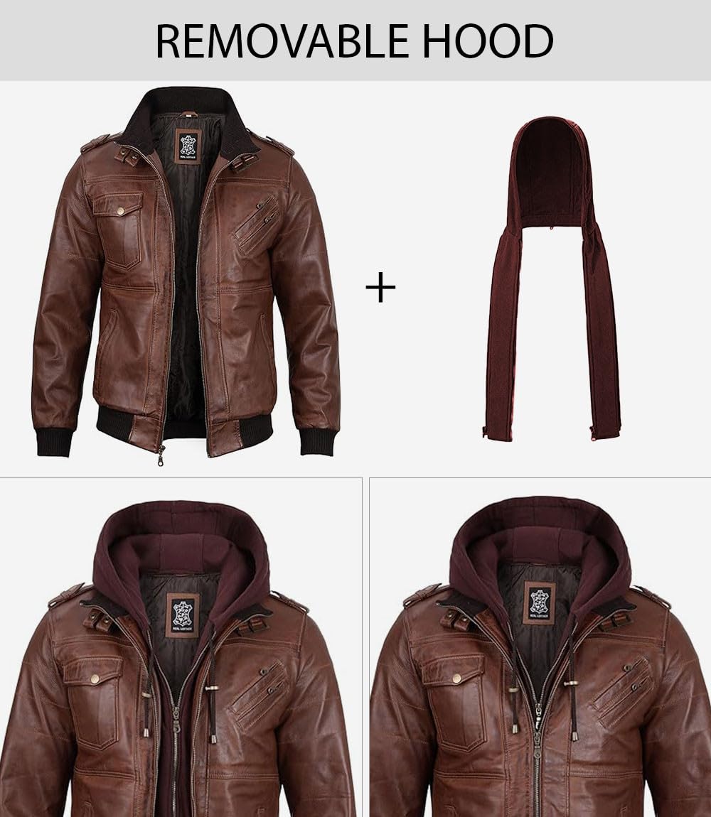 fjackets Real Leather Bomber Jacket Men - Motorcycle Stand Collar with a Removable Hood | [1100154] Edinburgh Brown. L