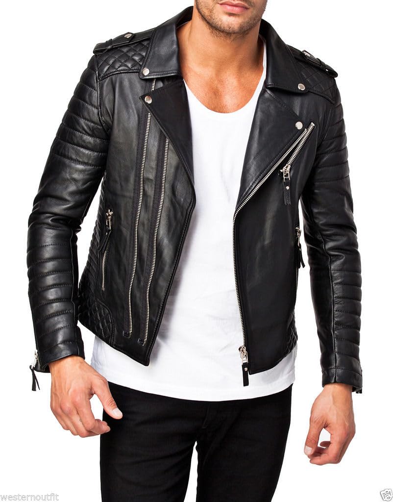 DECIMAL Men's Black REAL Lambskin Leather Biker Jacket VINTAGE GENUINE MOTORCYCLE JACKETS FOR MEN (US. Alpha. Medium. Regular. Regular. C BLACK)