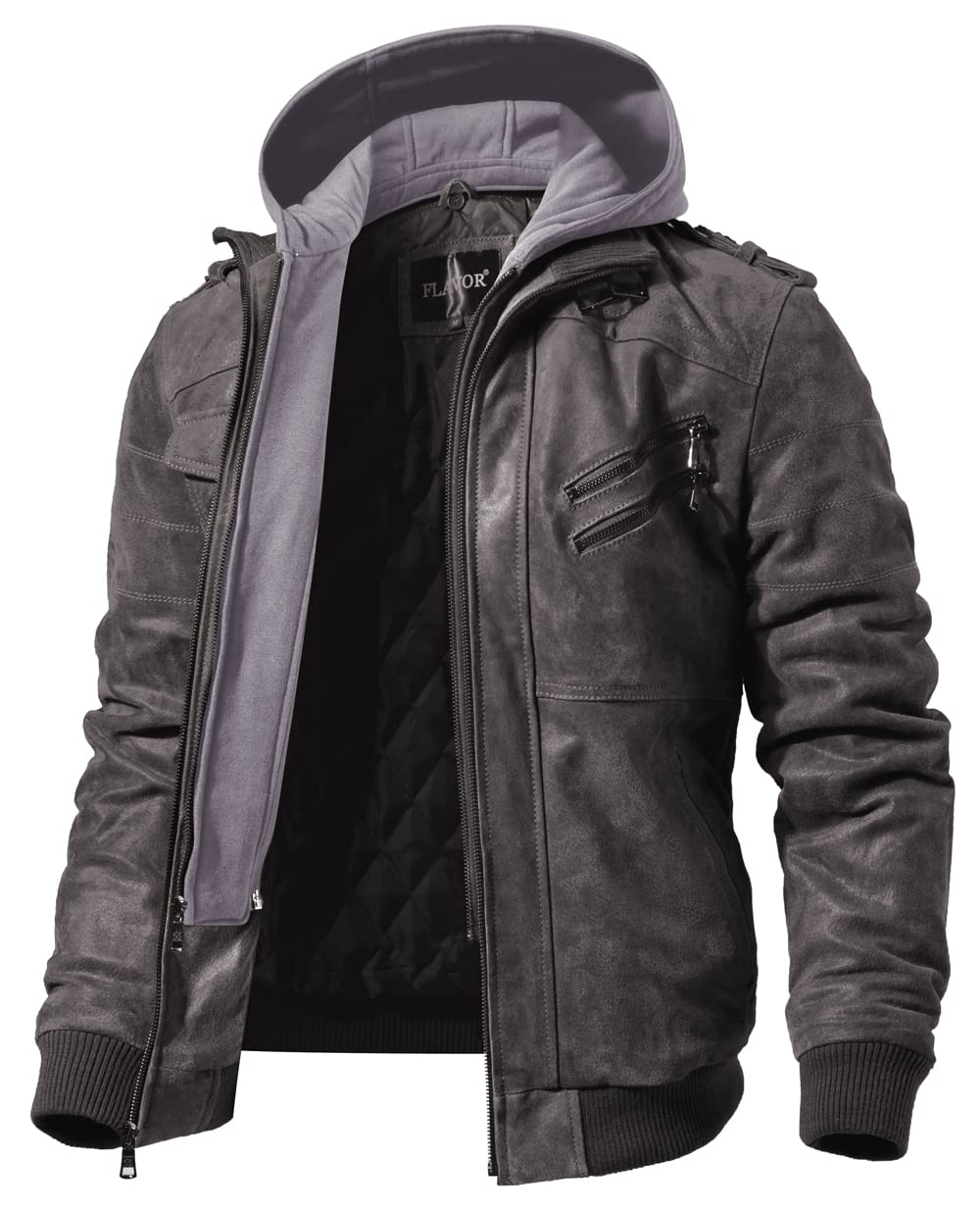 FLAVOR Men Brown Leather Motorcycle Jacket with Removable Hood (Large. Gray)