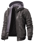 FLAVOR Men Brown Leather Motorcycle Jacket with Removable Hood (Large. Gray)