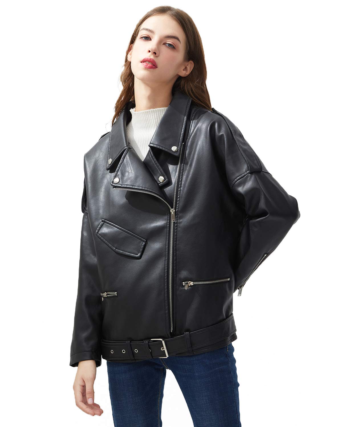 LY VAREY LIN Women Black Faux Leather Jackets Zipper Casual Short Coat Turn-down Collar Motor Biker Jacket with Belt (M. Black)