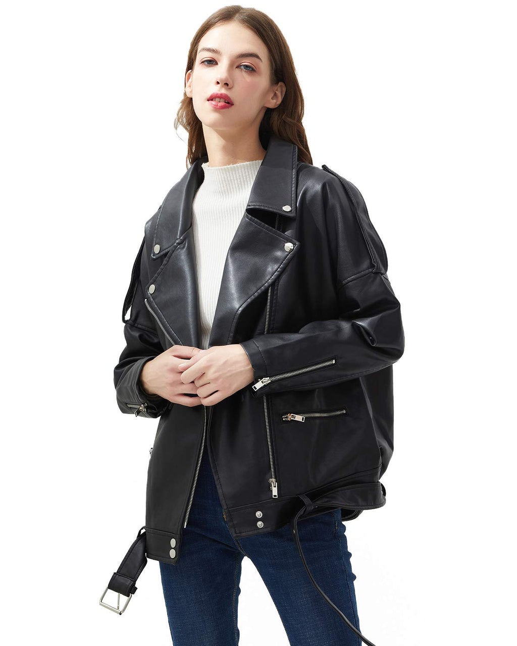 LY VAREY LIN Women Black Faux Leather Jackets Zipper Casual Short Coat Turn-down Collar Motor Biker Jacket with Belt (M. Black)