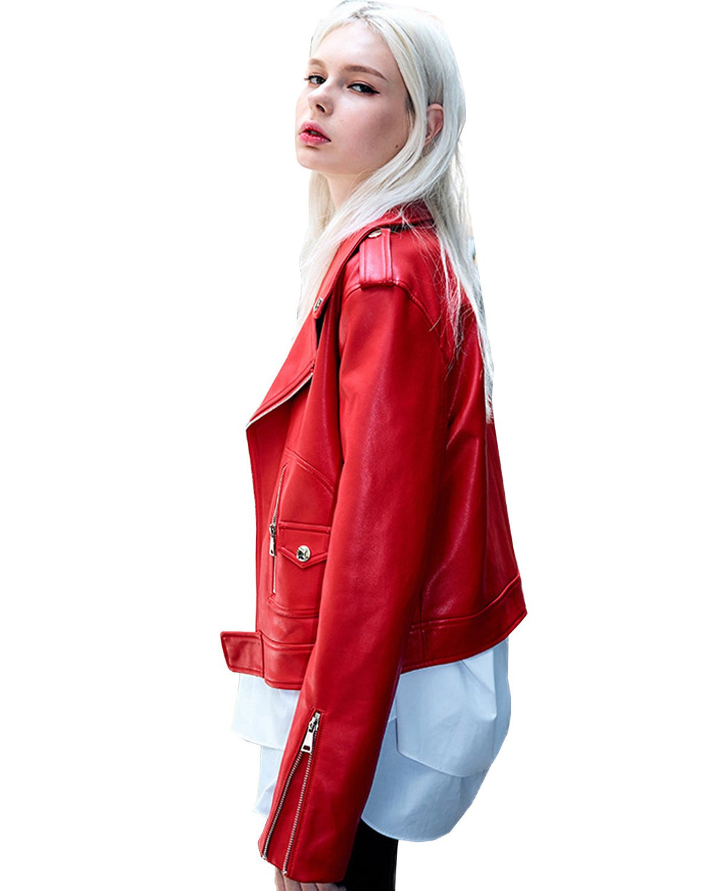Women's Zipper Motorcycle Biker Faux Leather Jackets (L. Red)