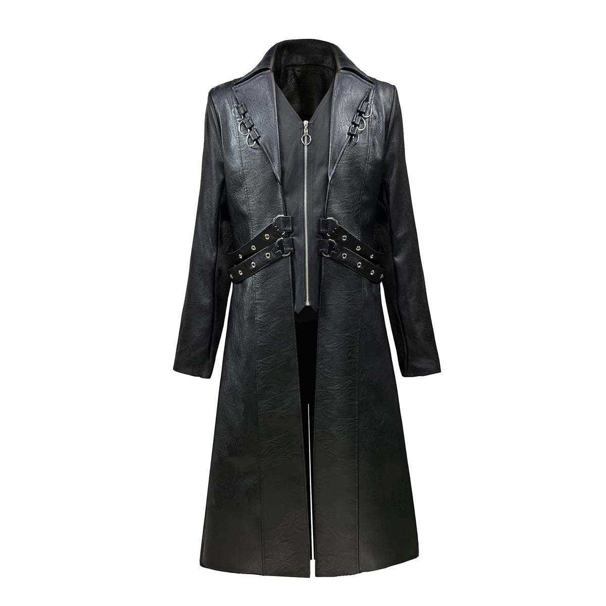 TZMAPU Men's Faux Leather Motorcycle Trench Coat Black Long Punk Jacket (Black .Medium)