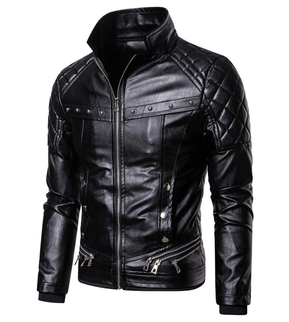 chouyatou Men's Removable Fur Collar Sherpa Lined Steampunk Faux Leather Jacket (Medium. Black)