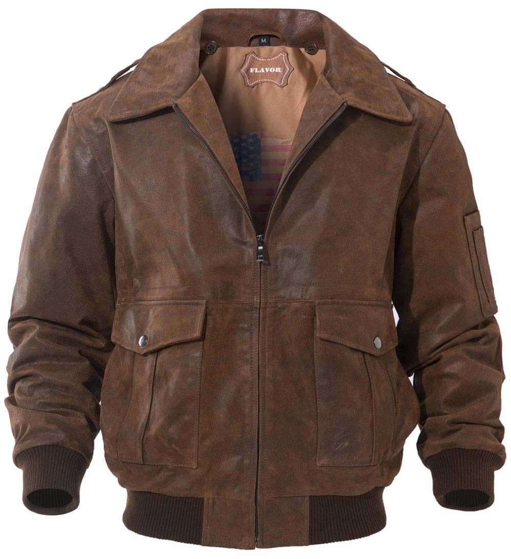 FLAVOR Men's Leather Flight Jacket Bomber Air Force Aviator (Brown. Medium)