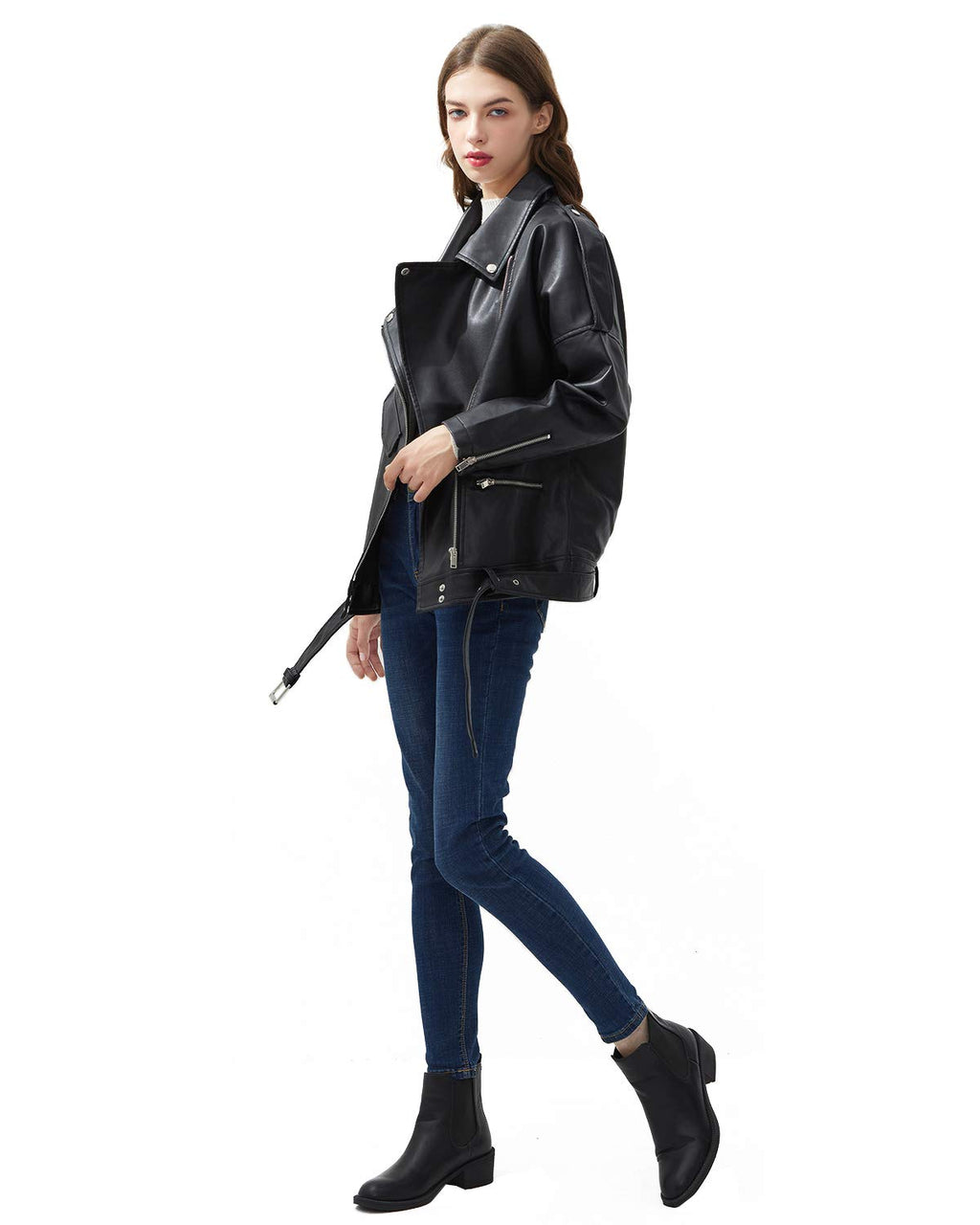 LY VAREY LIN Women Black Faux Leather Jackets Zipper Casual Short Coat Turn-down Collar Motor Biker Jacket with Belt (M. Black)