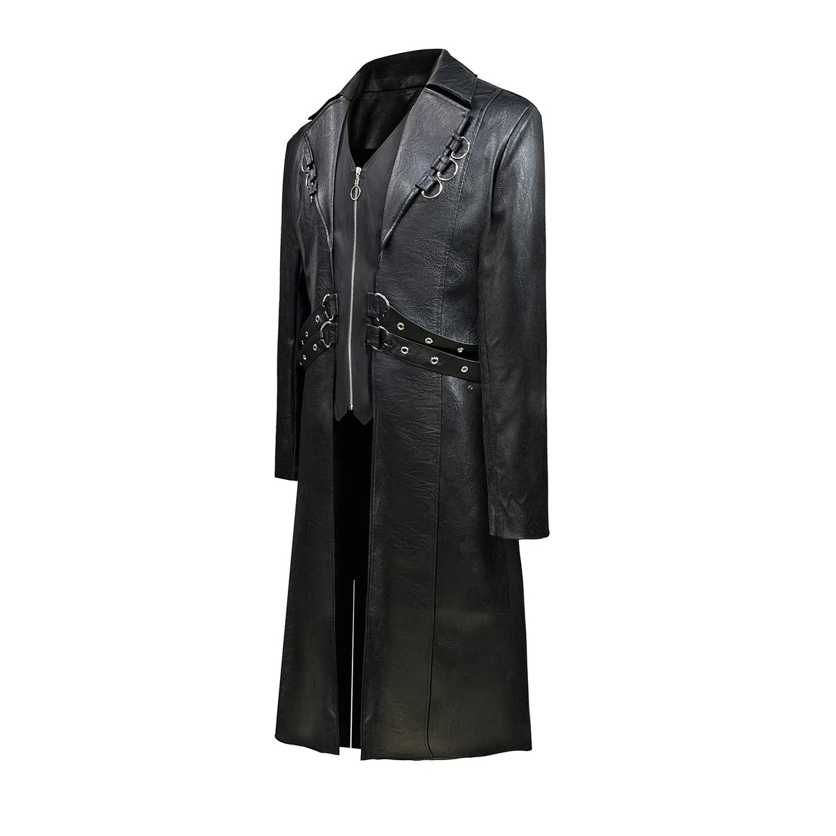 TZMAPU Men's Faux Leather Motorcycle Trench Coat Black Long Punk Jacket (Black .Medium)