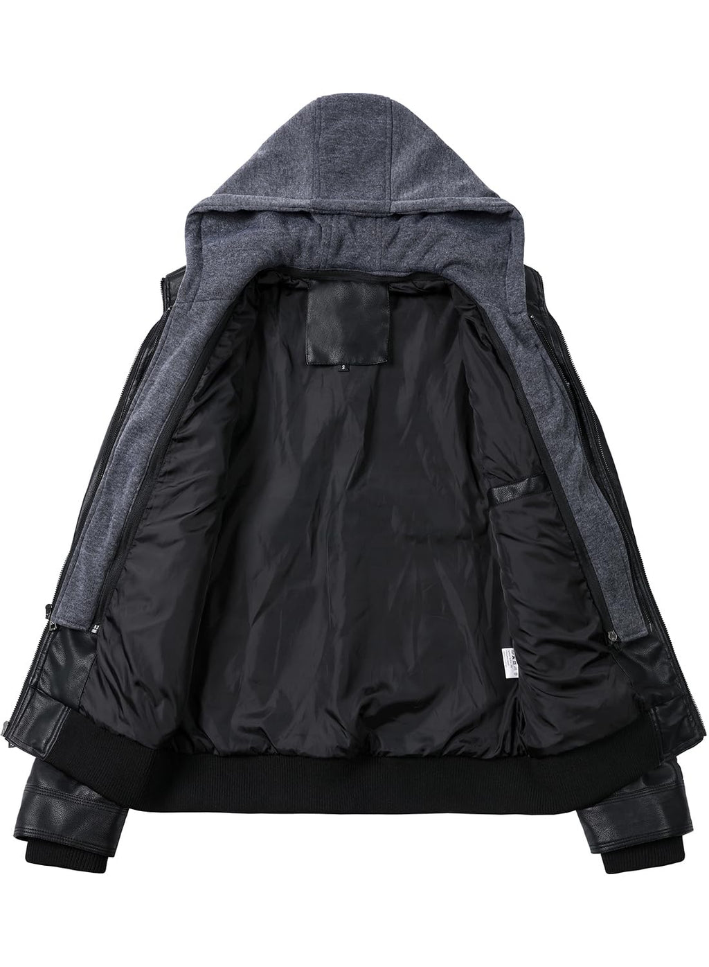 HOOD CREW Men Faux Leather Jacket with Detachable Hood Casual Motorcycle Bomber Jackets Outerwear Black L