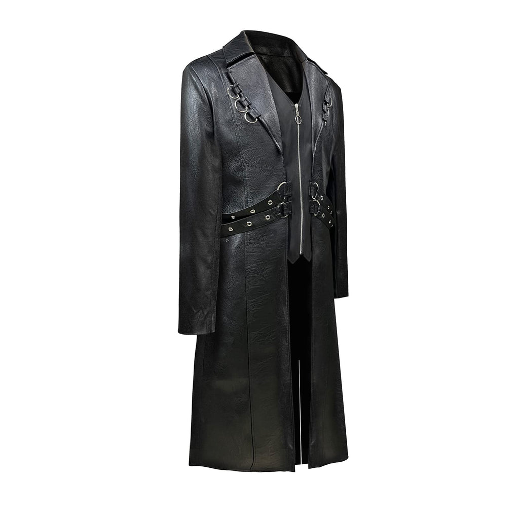 TZMAPU Men's Faux Leather Motorcycle Trench Coat Black Long Punk Jacket (Black .Medium)