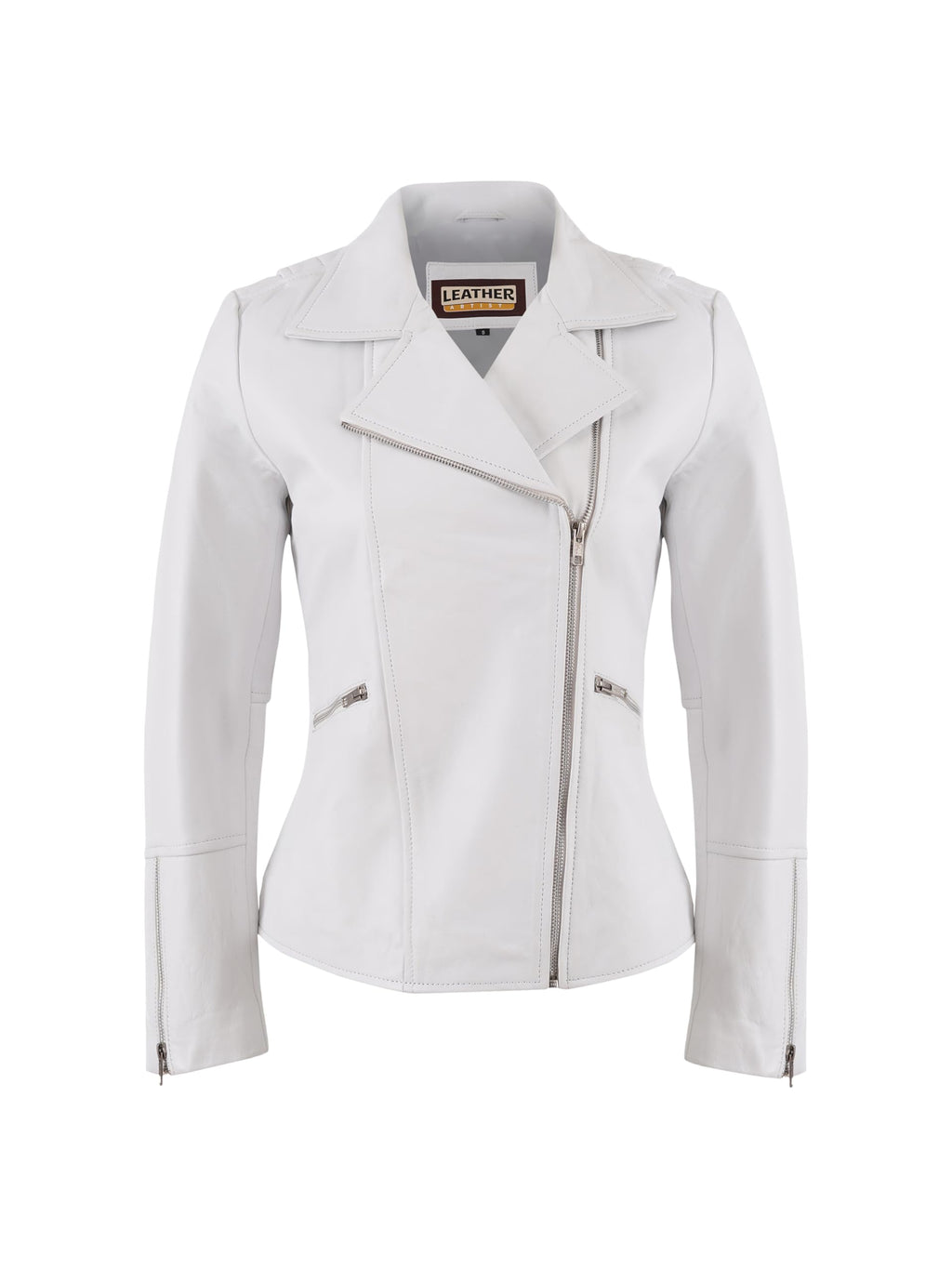 Leather Artist Women's Real Lambskin Asymmetrical Motorcycle Jacket-Biker Style Genuine Womens Leather Jacket (LA-Biker.Wo-White-L)