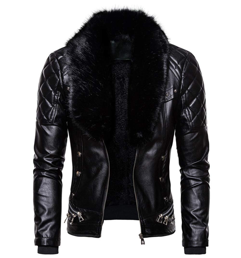 chouyatou Men's Removable Fur Collar Sherpa Lined Steampunk Faux Leather Jacket (Medium. Black)