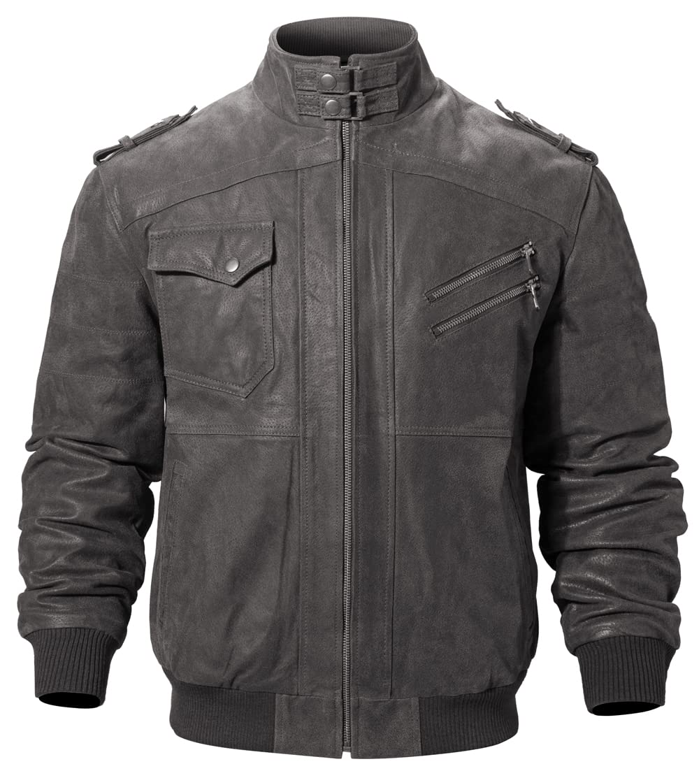 FLAVOR Men Brown Leather Motorcycle Jacket with Removable Hood (Large. Gray)