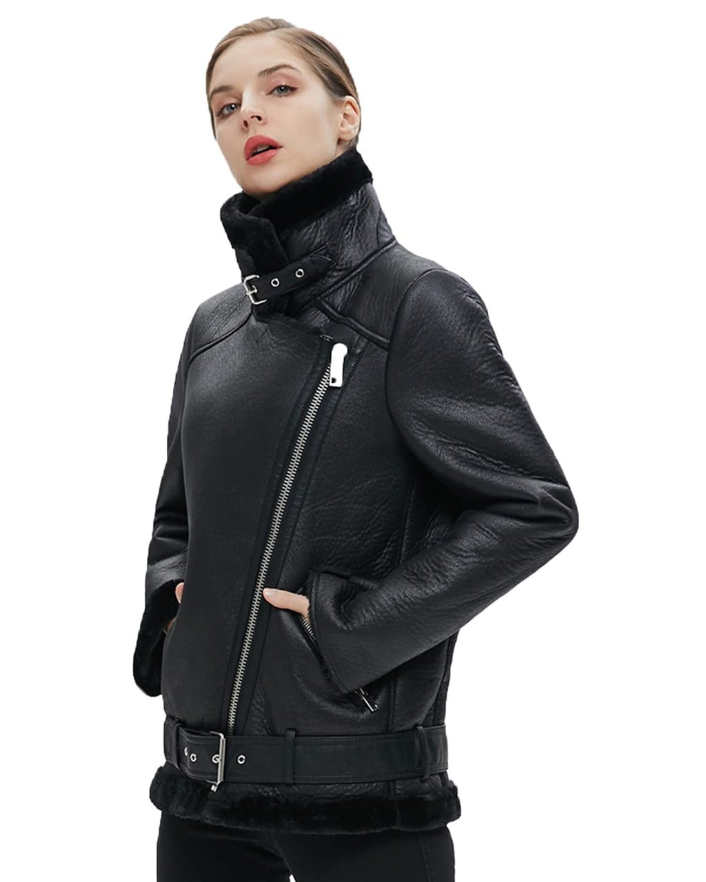 LY VAREY LIN Women's Faux Shearing Moto Jacket Thick Lined Parka Winter Shearling Coat Leather Jacket (L. Black)