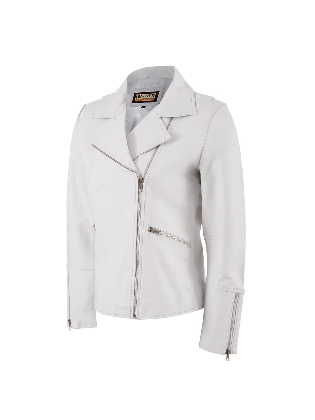 Leather Artist Women's Real Lambskin Asymmetrical Motorcycle Jacket-Biker Style Genuine Womens Leather Jacket (LA-Biker.Wo-White-L)