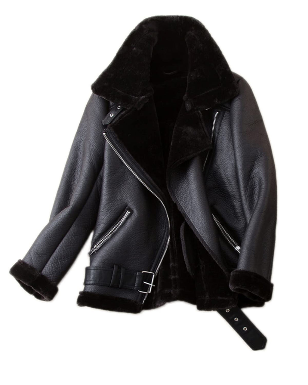 LY VAREY LIN Women's Faux Shearing Moto Jacket Thick Lined Parka Winter Shearling Coat Leather Jacket (L. Black)