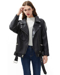 LY VAREY LIN Women Black Faux Leather Jackets Zipper Casual Short Coat Turn-down Collar Motor Biker Jacket with Belt (M. Black)