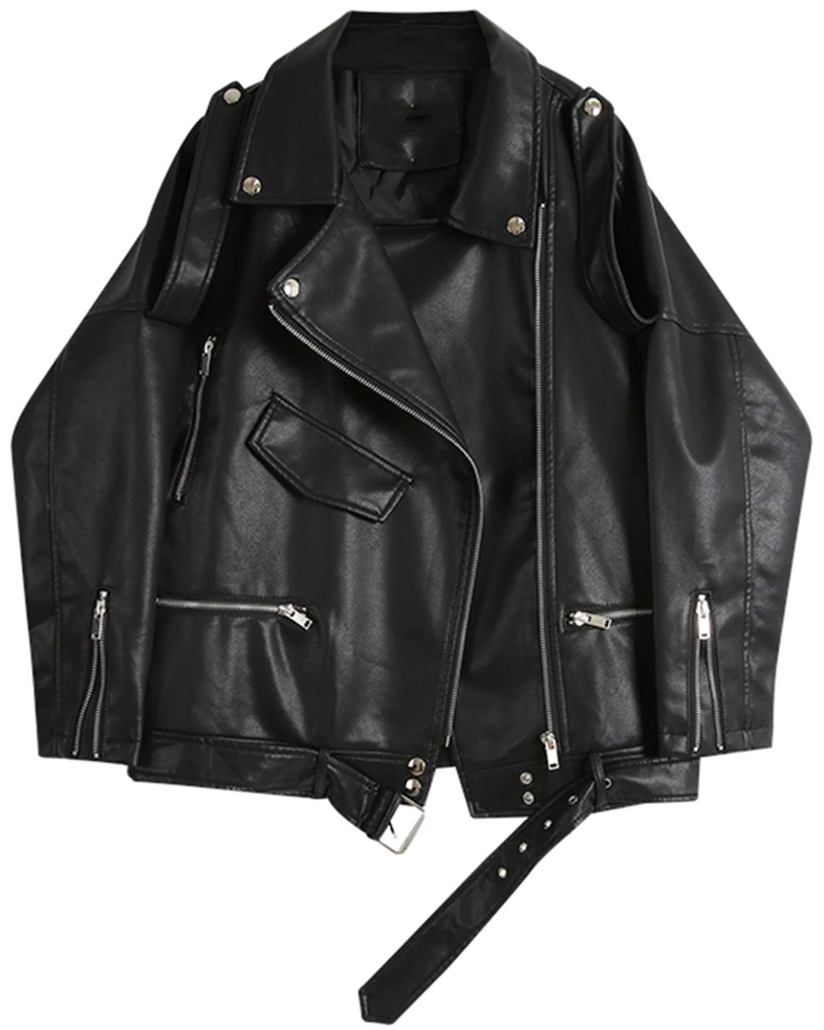 LY VAREY LIN Women Black Faux Leather Jackets Zipper Casual Short Coat Turn-down Collar Motor Biker Jacket with Belt (M. Black)