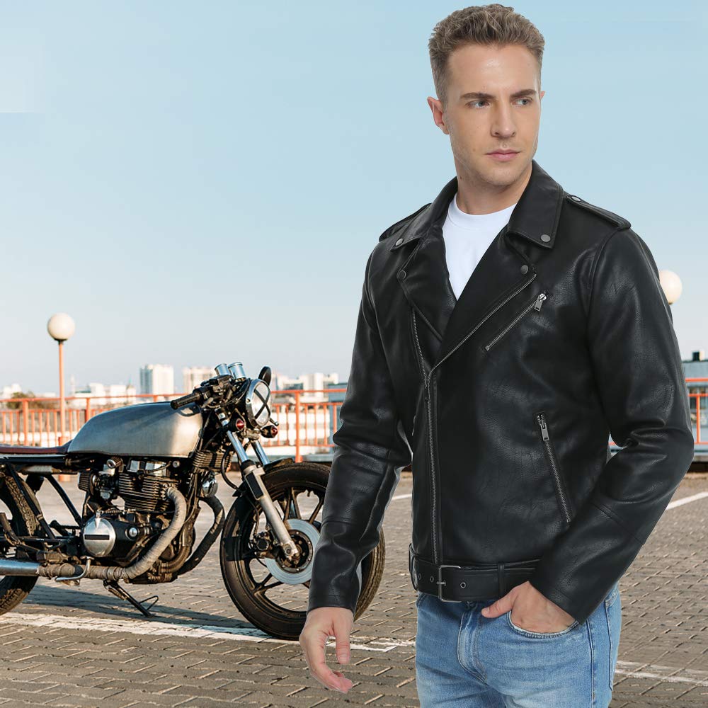 Fahsyee Leather Jackets for Men. Faux Bomber Jacket Mens Motorcycle Lapel Asymmetric Zip-Up Belt Slim Fit Biker Coat Black XXL