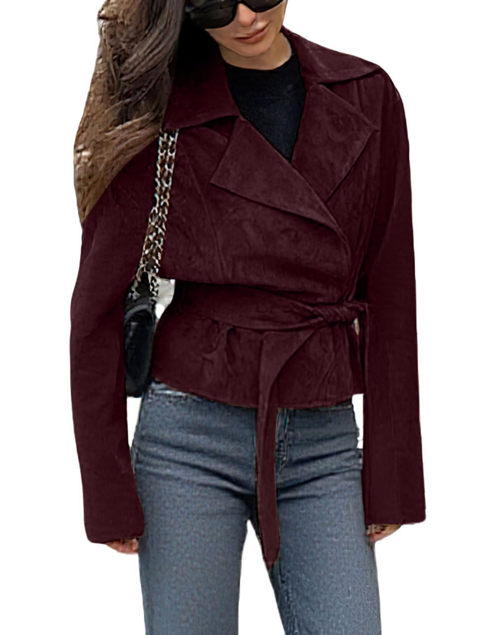 CHARTOU Faux Suede Leather Jacket 2025 Vintage Casual Cropped Wrap Coat with Belt (Large.Burgundy)