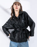 LY VAREY LIN Women Faux Leather Belted Shirt Jacket Lapel Blazer Coat with Bust Pocket