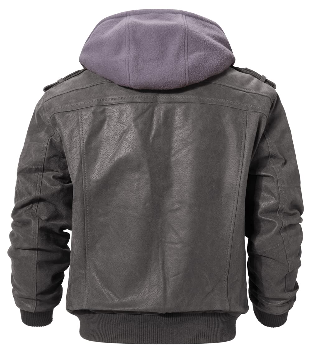 FLAVOR Men Brown Leather Motorcycle Jacket with Removable Hood (Large. Gray)