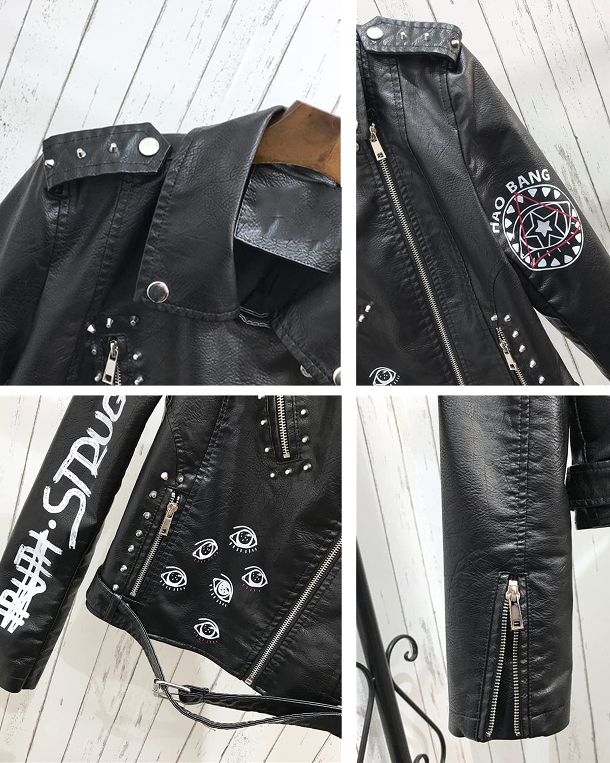 LY VAREY LIN Women's Print Faux Leather Punk Jacket Biker Motorcycle Jacket with Belt (Black. l)
