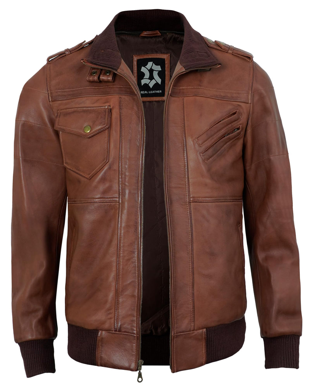 UrbanFocal Hooded Brown Leather Bomber Jacket Men - Real Lambskin Leather Jackets For Mens With Detachable Hood | [101010005] Edinburgh Cognac. XL