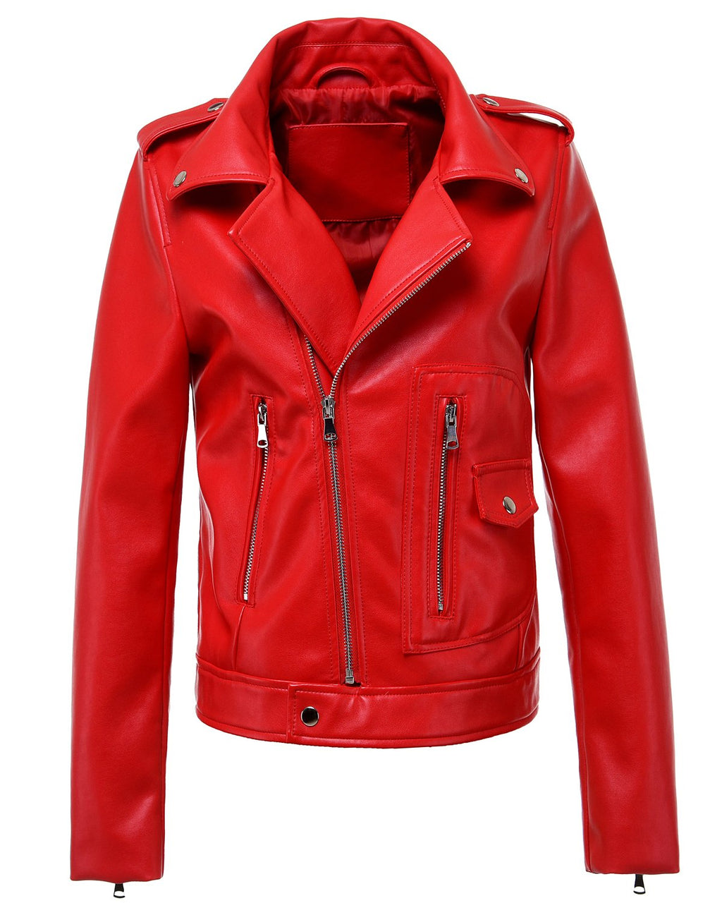 Women's Zipper Motorcycle Biker Faux Leather Jackets (L. Red)