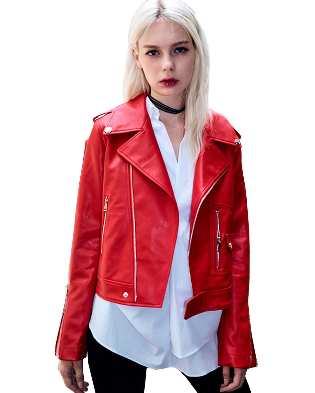 Women's Zipper Motorcycle Biker Faux Leather Jackets (L. Red)