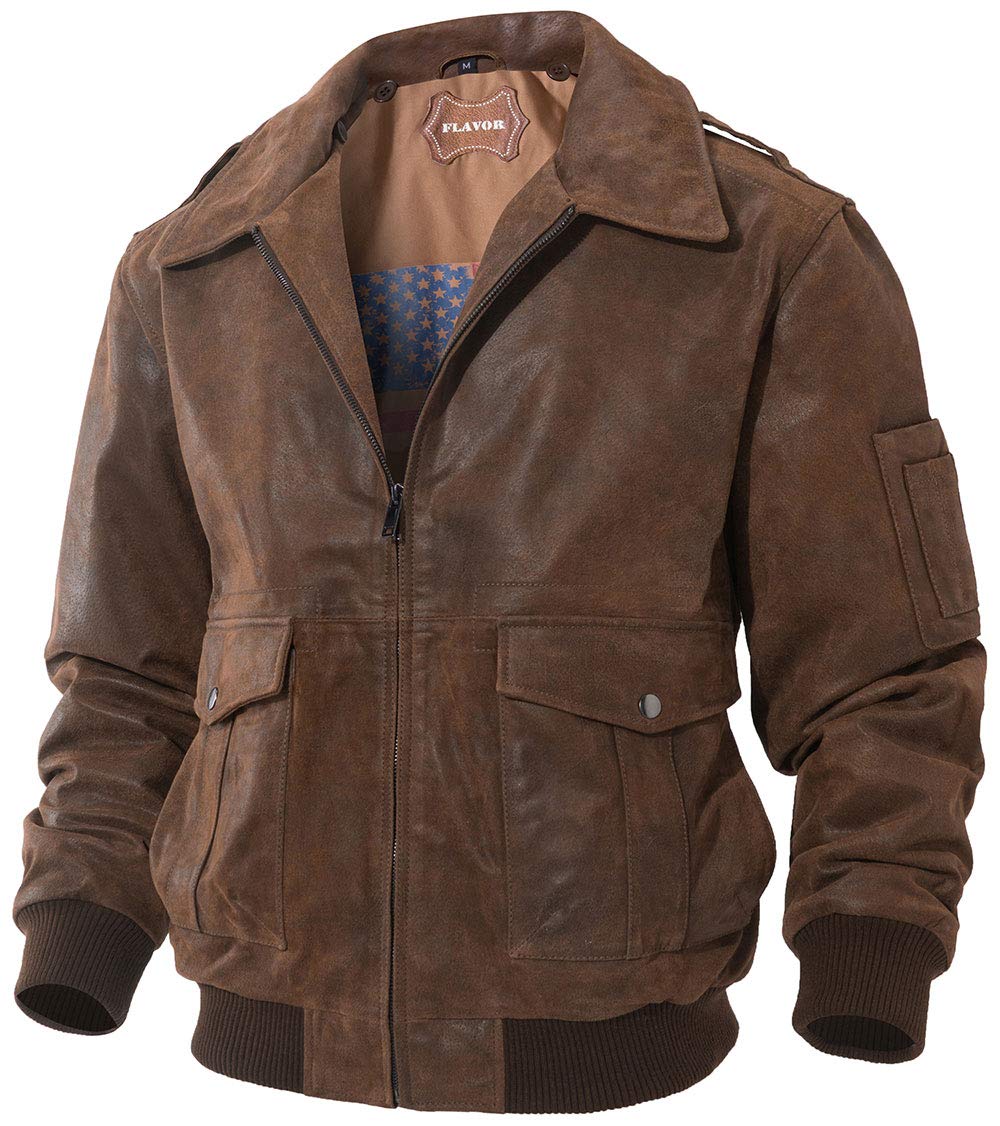 FLAVOR Men's Leather Flight Jacket Bomber Air Force Aviator (Brown. Medium)