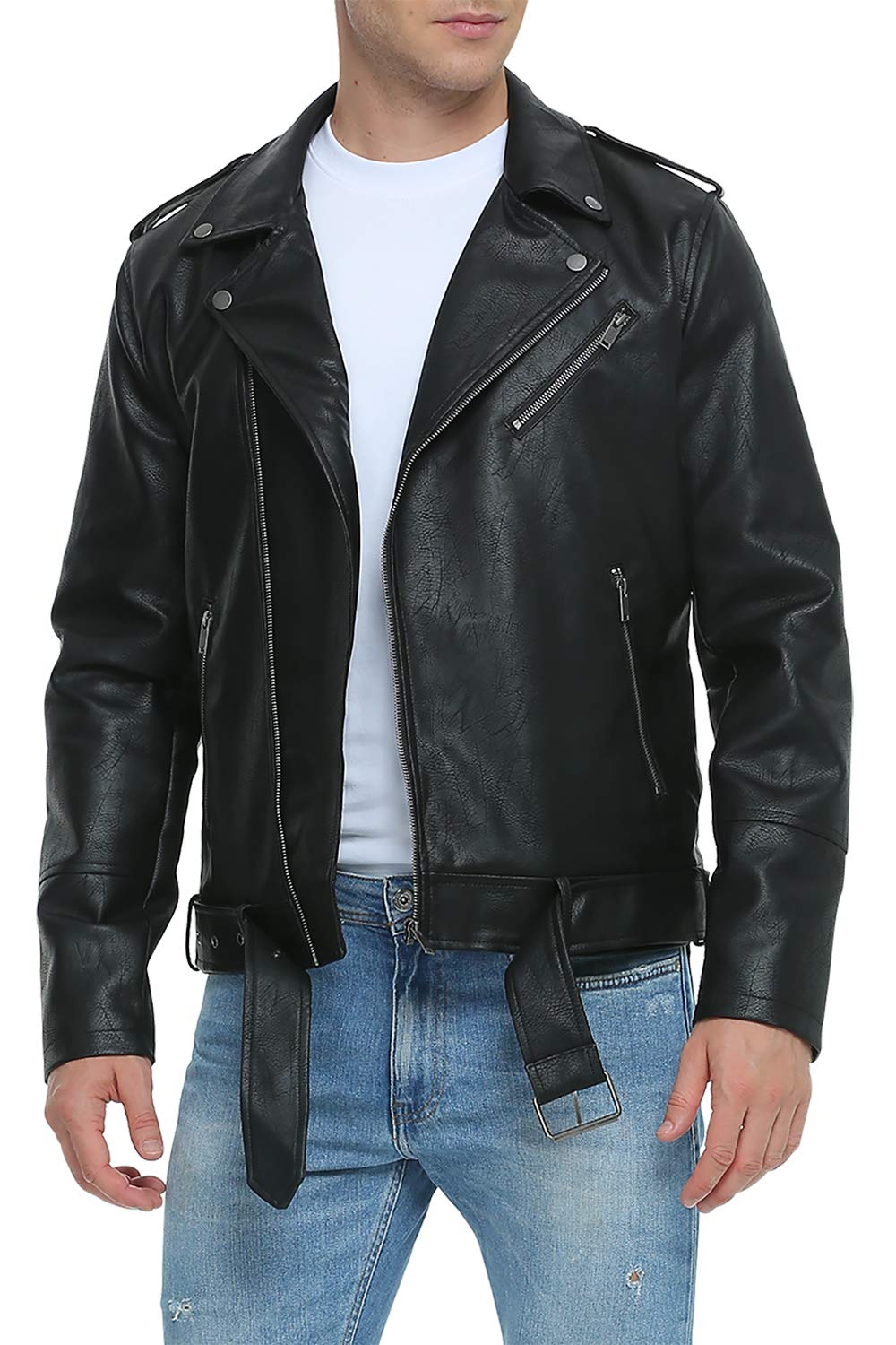 Fahsyee Leather Jackets for Men. Faux Bomber Jacket Mens Motorcycle Lapel Asymmetric Zip-Up Belt Slim Fit Biker Coat Black XXL