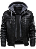 HOOD CREW Men Faux Leather Jacket with Detachable Hood Casual Motorcycle Bomber Jackets Outerwear Black L