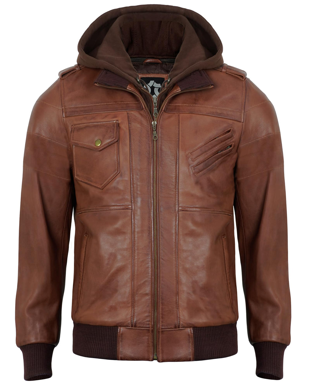 UrbanFocal Hooded Brown Leather Bomber Jacket Men - Real Lambskin Leather Jackets For Mens With Detachable Hood | [101010005] Edinburgh Cognac. XL