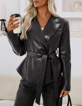 MEROKEETY Women's Fall Fashion 2025 Leather Jacket Casual Belt Button Down Blazer Trendy Coat Outerwear. Black. Large