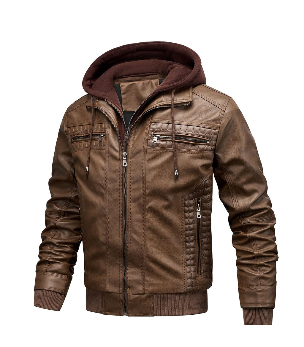 INVACHI Men's Faux Leather Jacket Motorcycle Bomber Jacket with Removable Hood