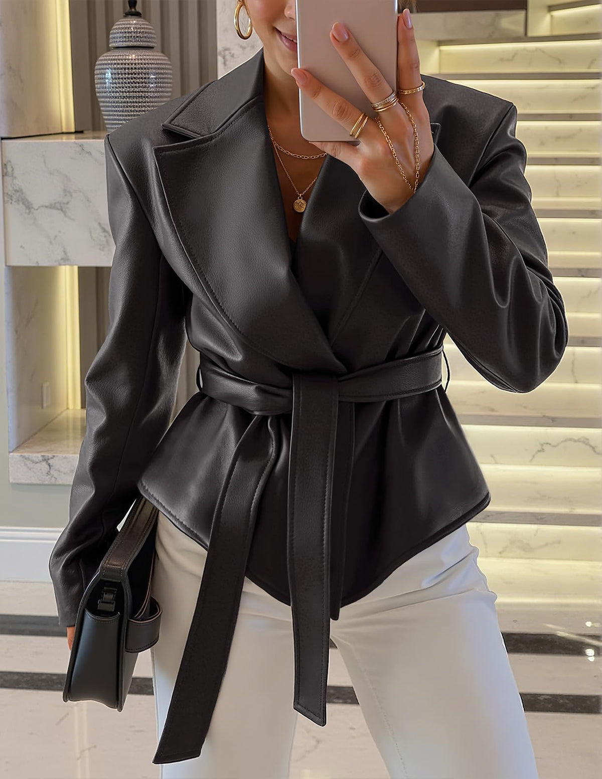 MEROKEETY Women's Fall Fashion 2025 Leather Jacket Casual Belt Button Down Blazer Trendy Coat Outerwear. Black. Large