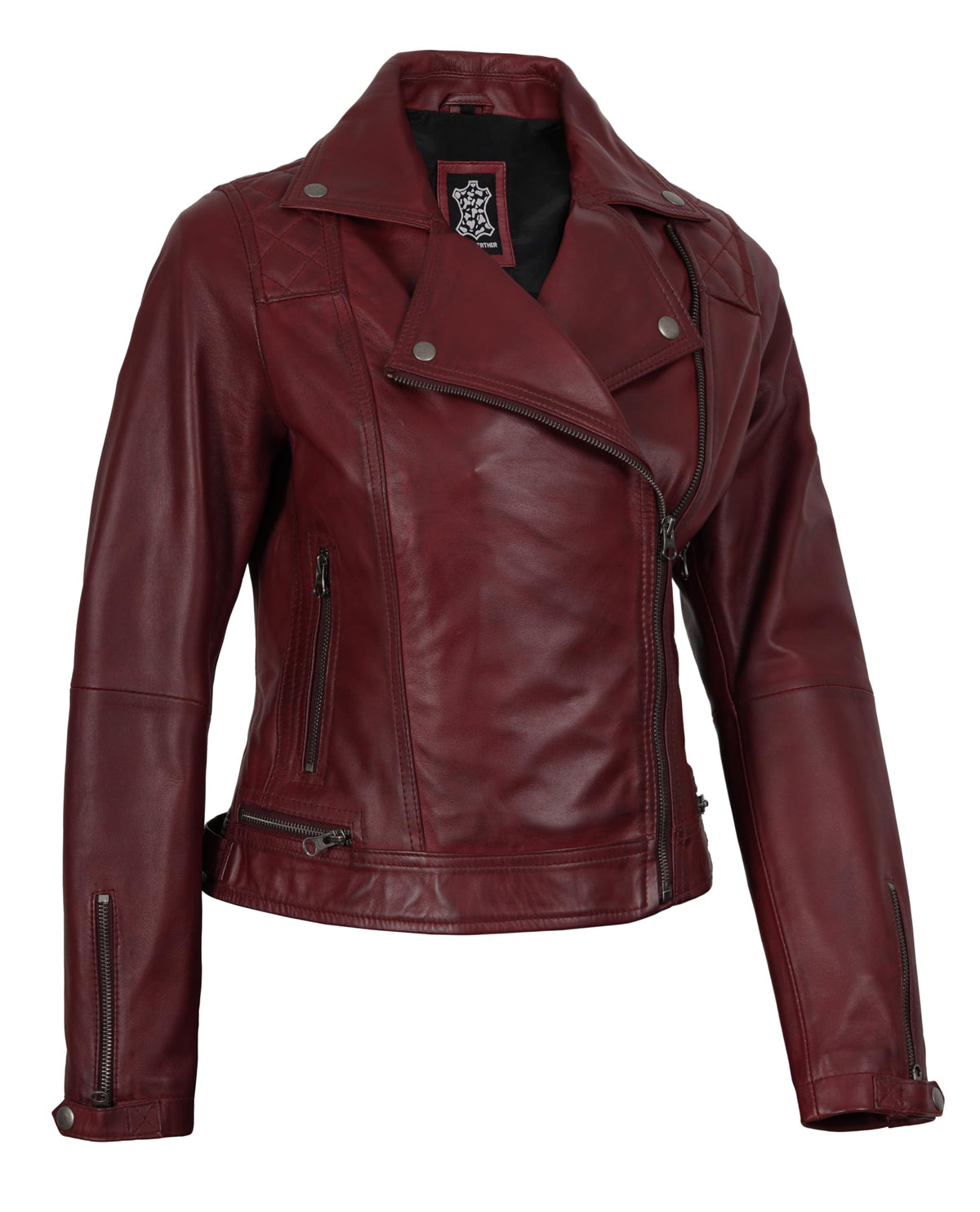Decrum Disc Womens Burgundy Asymmetrical Jacket - Genuine Lambskin Women Jakcet | [1306493] Kmberly. M