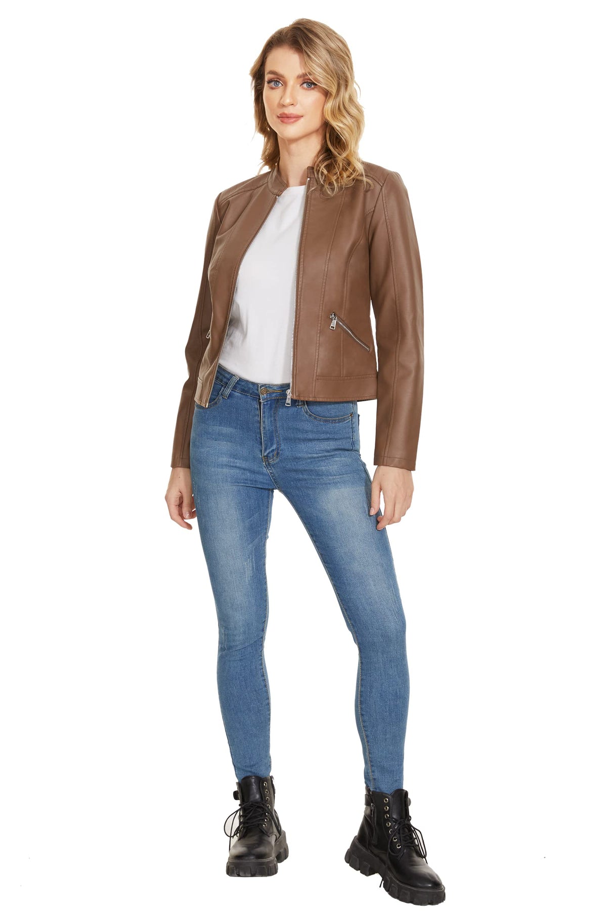 Fahsyee Women's Faux Leather Jackets. Camel Crop Petite Zip Up Motorcycle Short PU Moto Biker Outwear Stand Collar Fitted Slim Coat. Size S