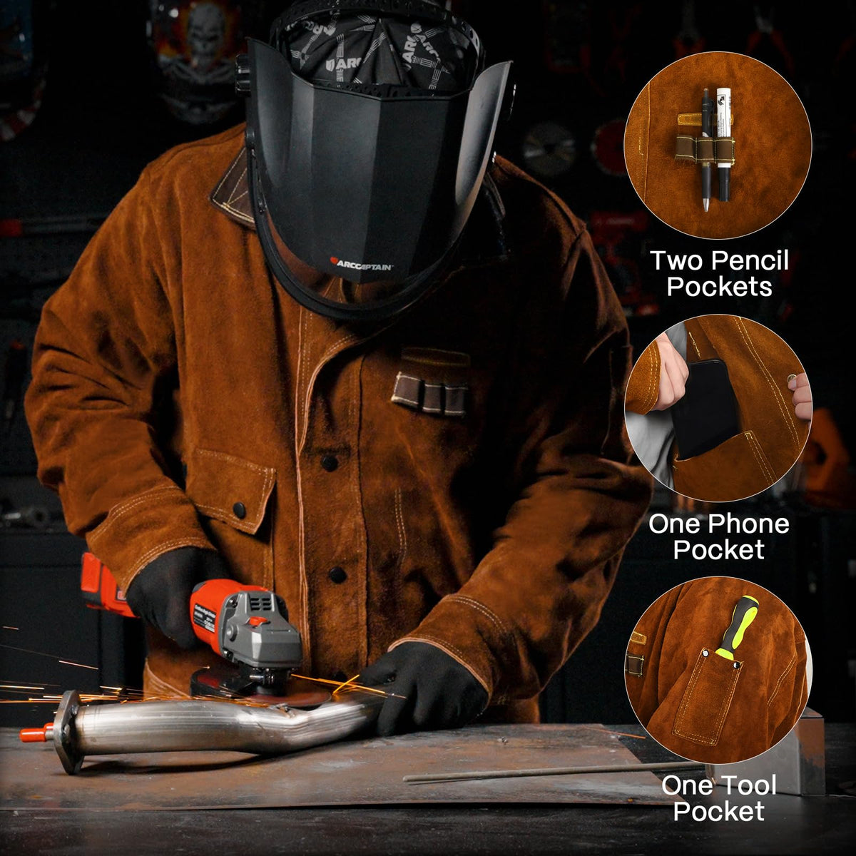 ARCCAPTAIN Leather Welding Jacket. Heavy Duty Welder Jackets with Flame Resistant Split Cowhide Leather. Welding Coat for Men Women