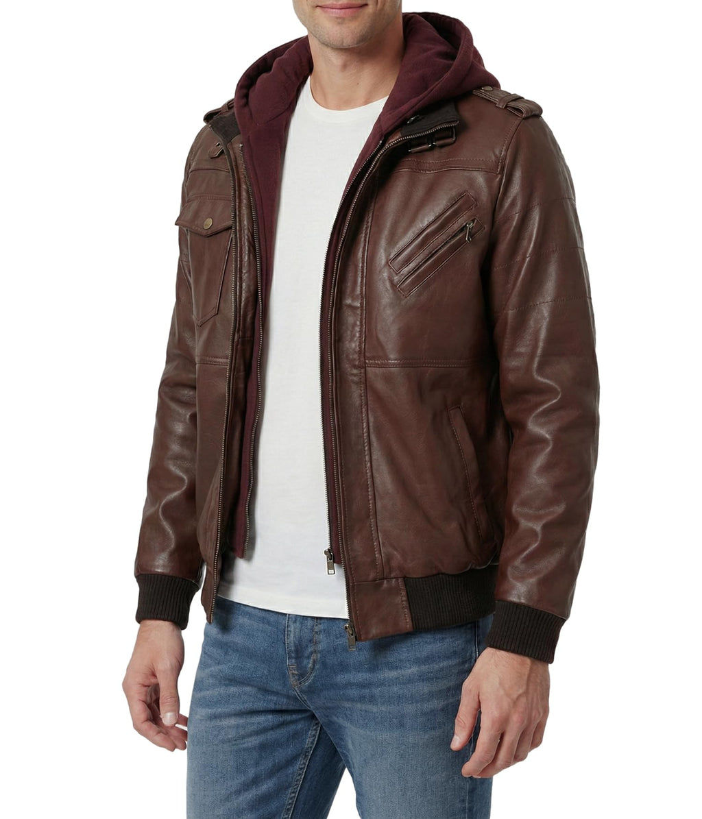 Decrum Brown Leather Jacket with Hood For Men | [1112376] Dark Brown Edinburgh. 2XL