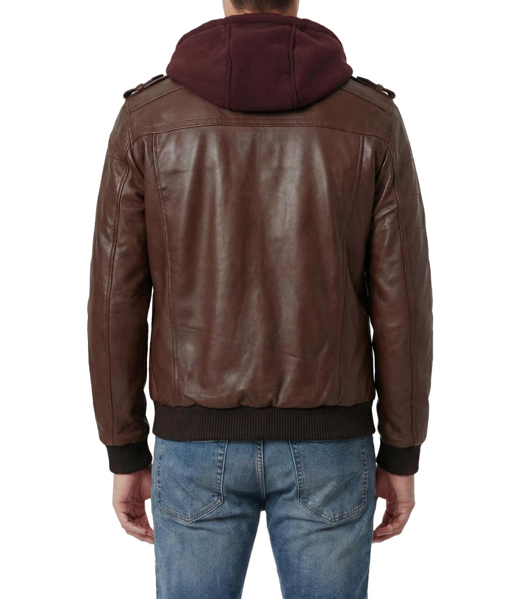 Decrum Brown Leather Jacket with Hood For Men | [1112376] Dark Brown Edinburgh. 2XL
