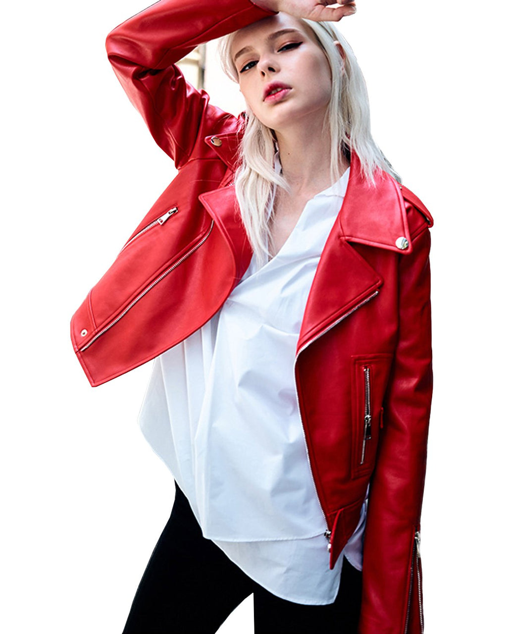 Women's Zipper Motorcycle Biker Faux Leather Jackets (L. Red)