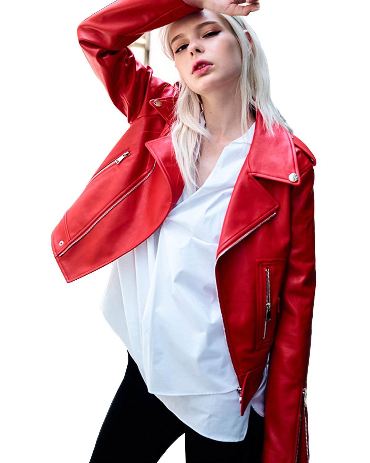 Women's Zipper Motorcycle Biker Faux Leather Jackets (L. Red)